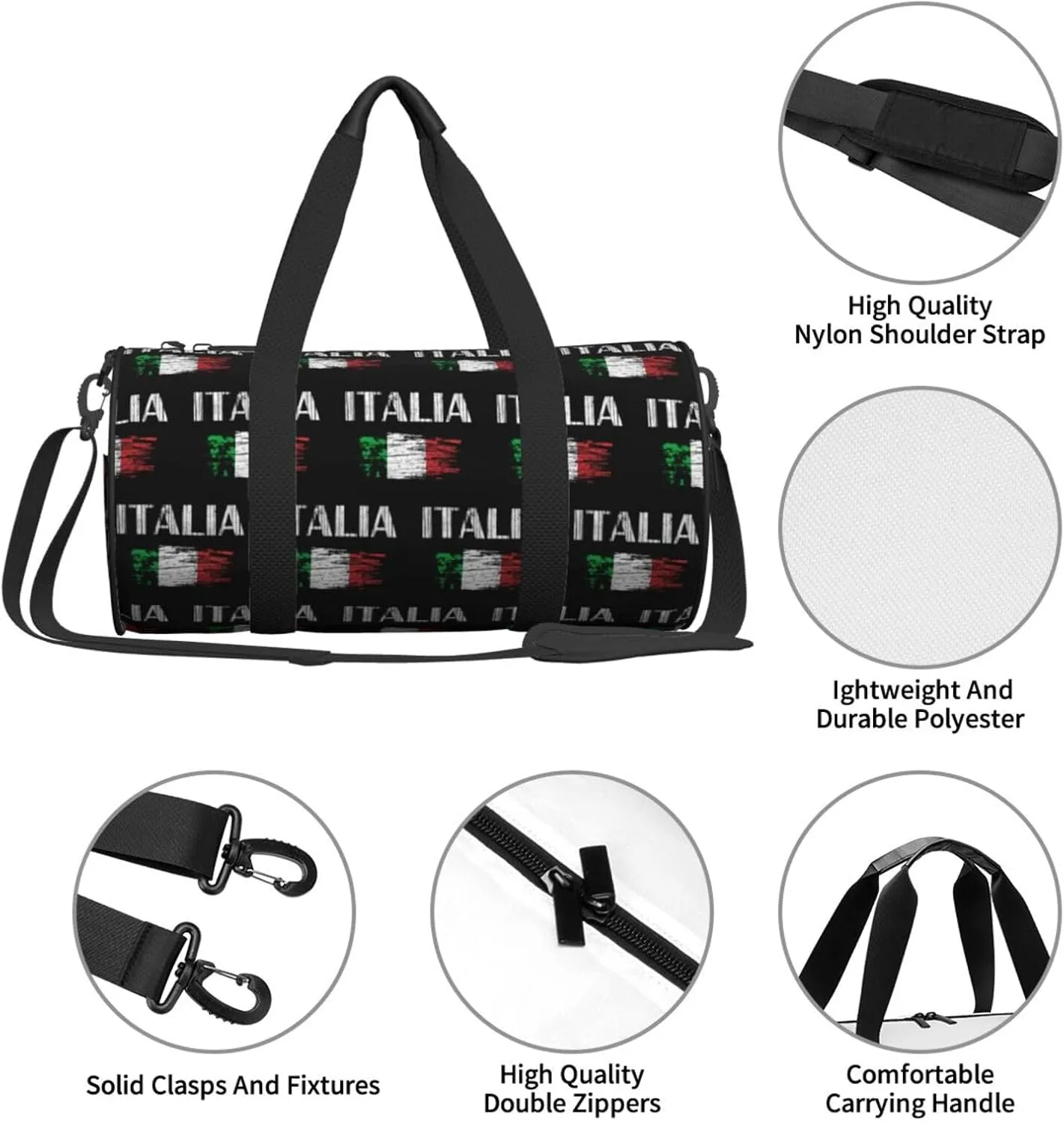 Vintage Italia Italy Italian Flag Round Travel Duffel Bag Large Capacity Gym Sports Bags for Hiking Vacation Trips