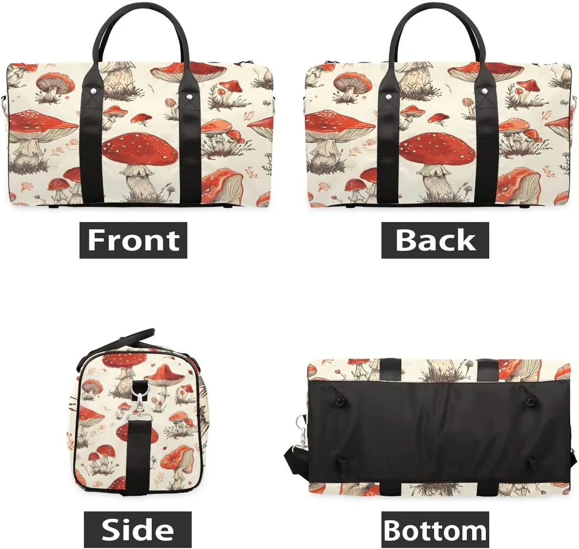 Vintage Mushroom Travel Duffel Bag for Women Men Waterproof Foldable Overnight Weekender Bag Large Capacity Sports Gym Bag