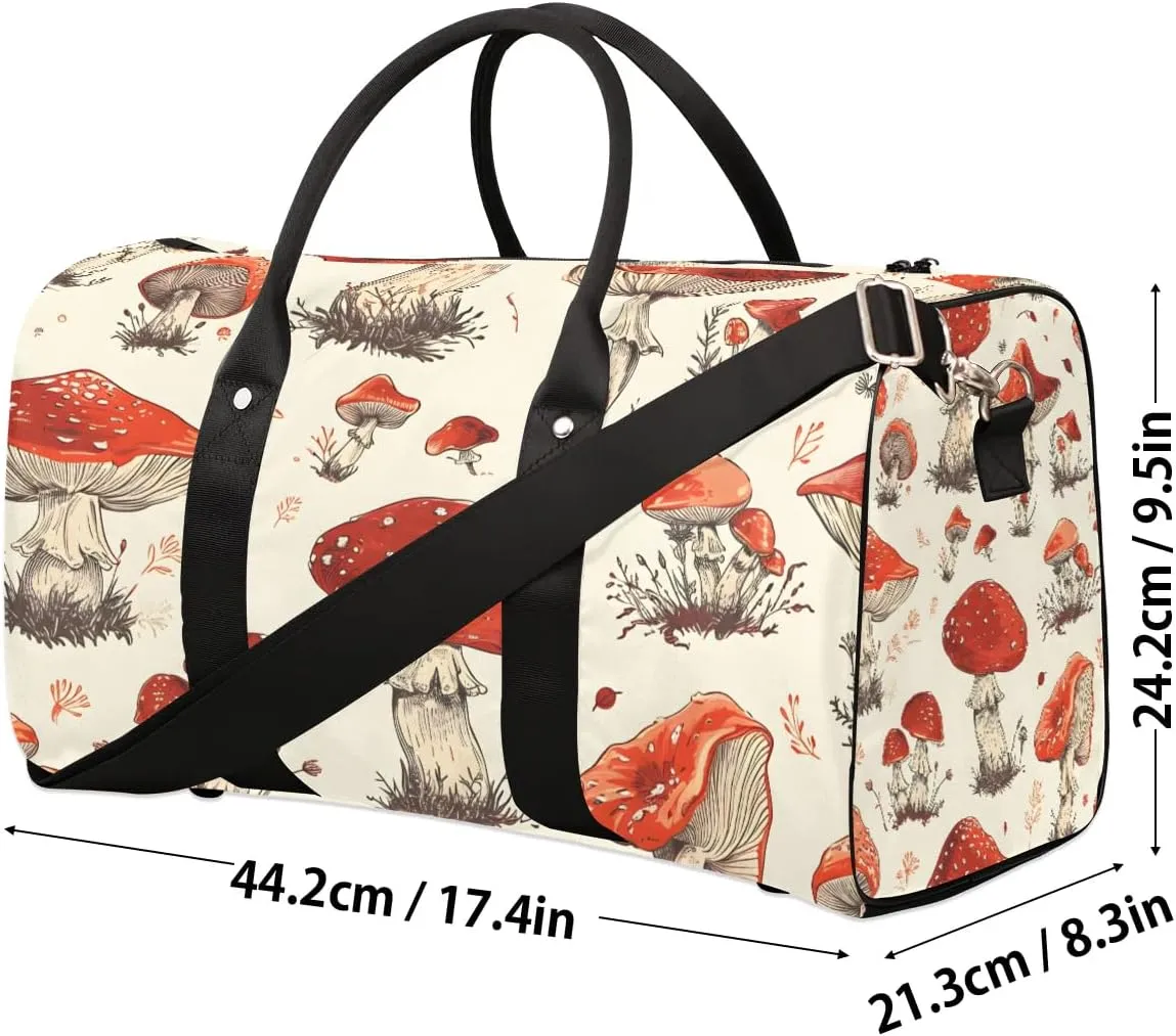 Vintage Mushroom Travel Duffel Bag for Women Men Waterproof Foldable Overnight Weekender Bag Large Capacity Sports Gym Bag