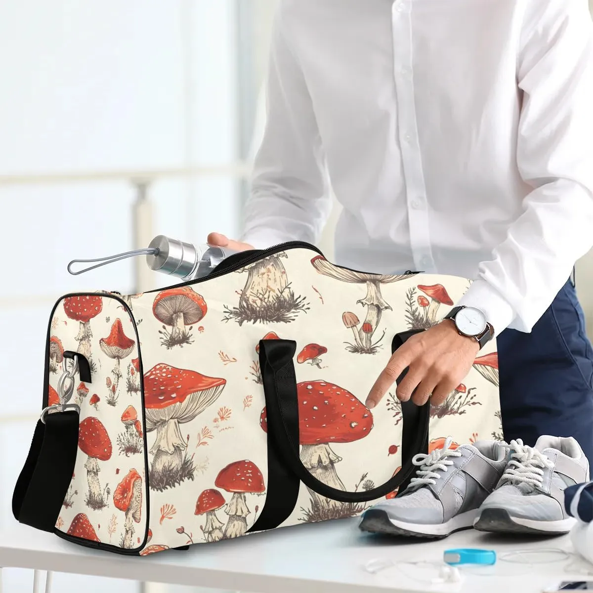 Vintage Mushroom Travel Duffel Bag for Women Men Waterproof Foldable Overnight Weekender Bag Large Capacity Sports Gym Bag