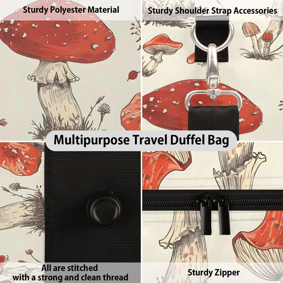 Vintage Mushroom Travel Duffel Bag for Women Men Waterproof Foldable Overnight Weekender Bag Large Capacity Sports Gym Bag