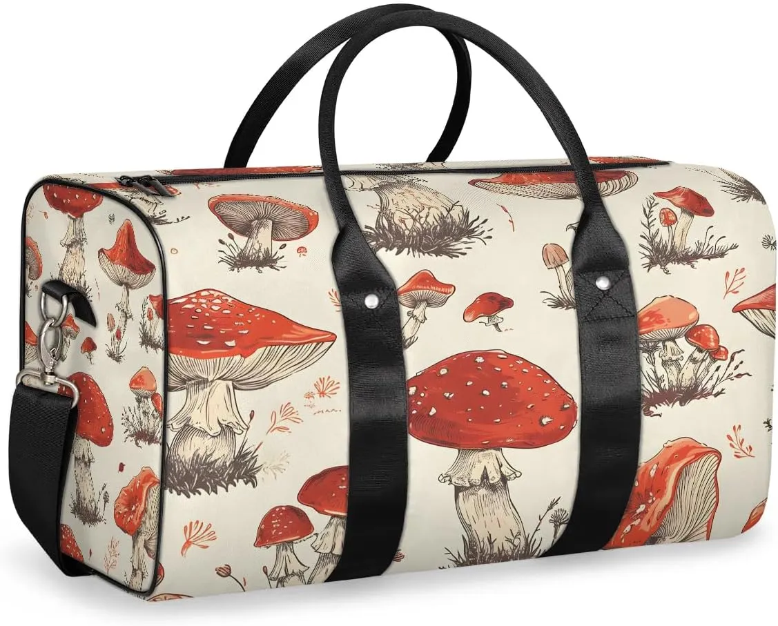 Vintage Mushroom Travel Duffel Bag for Women Men Waterproof Foldable Overnight Weekender Bag Large Capacity Sports Gym Bag