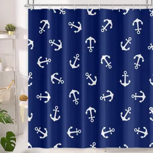 Vintage Nautical Style Shower Curtains Navy Blue Backdrop White Anchor Pattern Design for Bathroom Decor Waterproof Polyester Fabric 65x72 Inch Shower Curtain with 12 Hooks