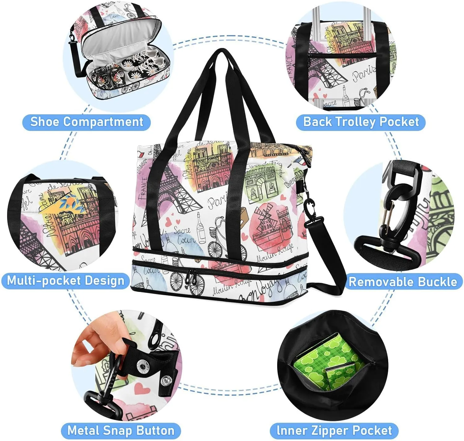 Vintage Paris Travel Duffel Bag for Women Men Gym Bag with Shoe Compartment Wet Pocket Carry On Weekender Overnight Bags for Hospital Gym Travel