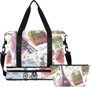 Vintage Paris Travel Duffel Bag for Women Men Gym Bag with Shoe Compartment Wet Pocket Carry On Weekender Overnight Bags for Hospital Gym Travel
