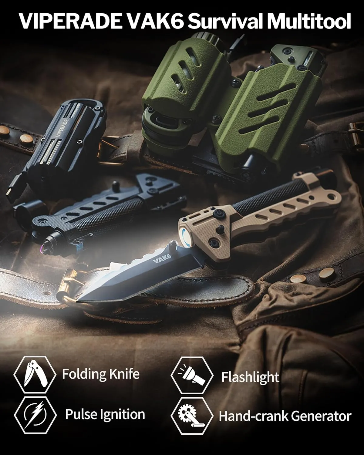 VIPERADE VAK6 Survival Multitool with Folding Knife, LED Flashlight, Pulse Ignition and Hand Crank Generator, Camping Multitool Knife Rechargeable Flashlight with Belt Sheath (Black)