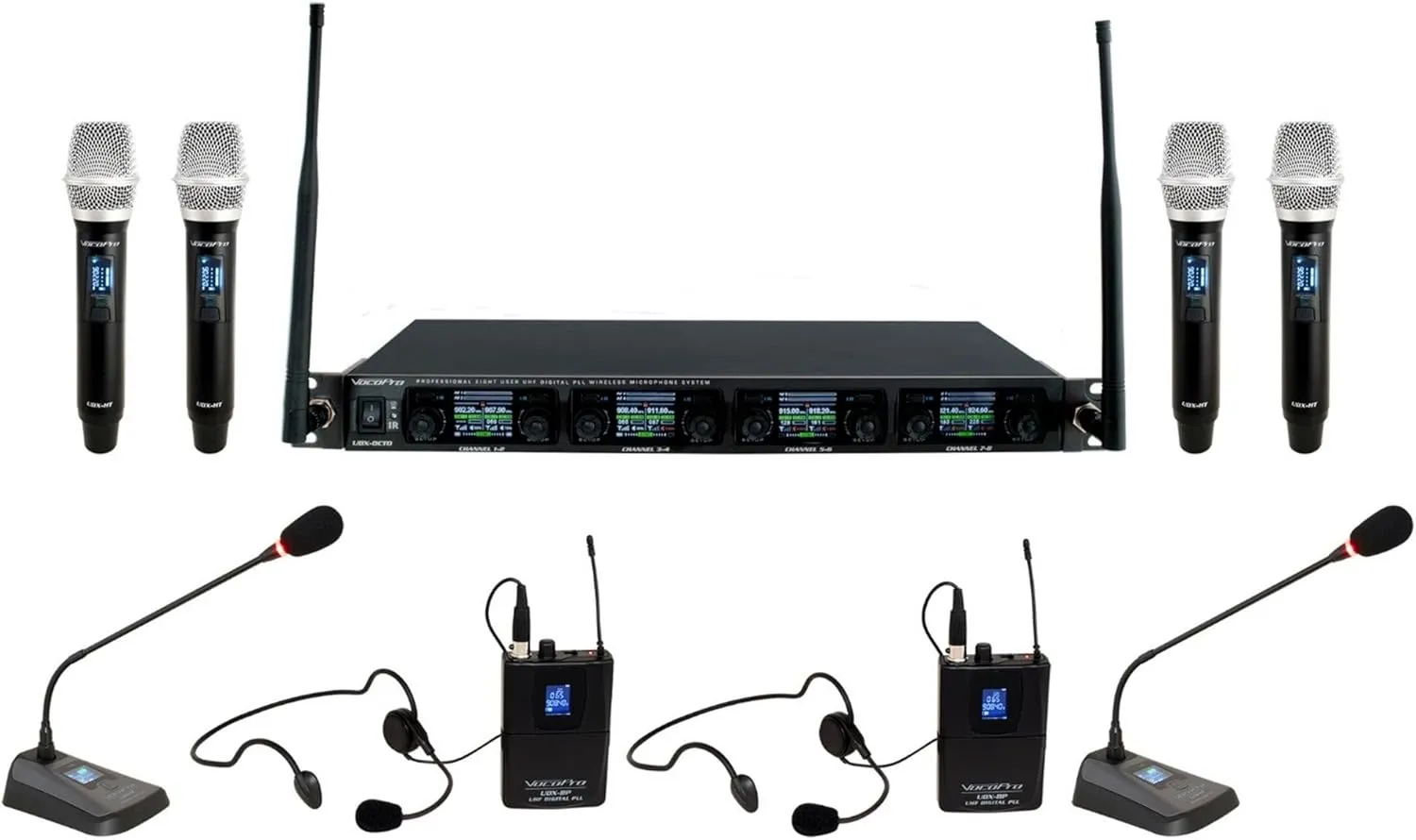 VocoPro 8-User Digital PLL Combo Wireless Mic System with Handheld, Headset, and Podium Mics