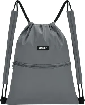 WANDF Drawstring Backpack Sports Gym Bag with Shoulder Pads Water Resistant String Bag Cinch Bag for Women Men (Grey)