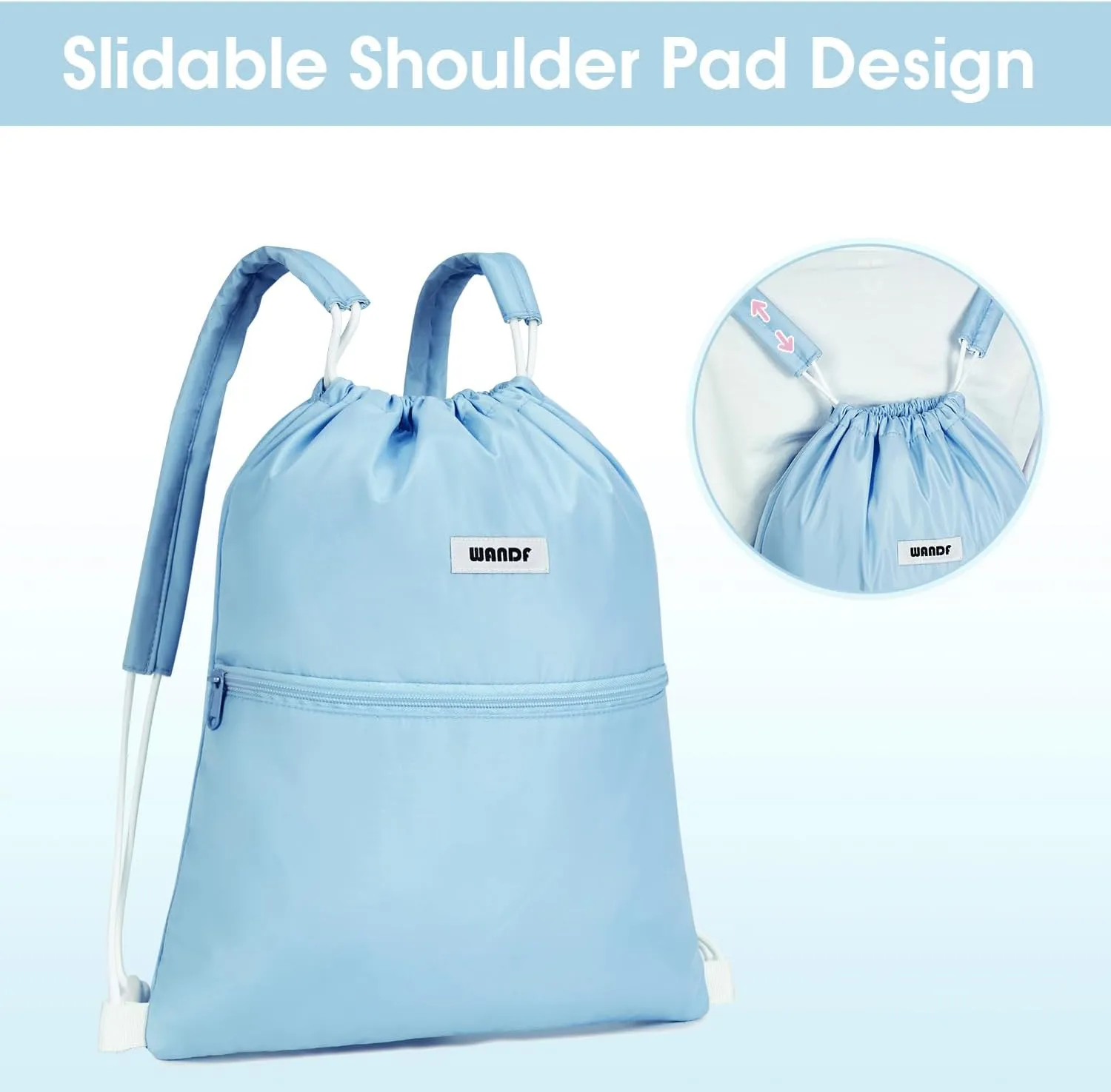 WANDF Drawstring Backpack Sports Gym Bag with Shoulder Pads Water Resistant String Bag Cinch Bag for Women Men (Light Blue)