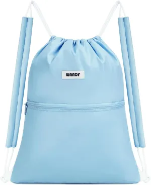 WANDF Drawstring Backpack Sports Gym Bag with Shoulder Pads Water Resistant String Bag Cinch Bag for Women Men (Light Blue)