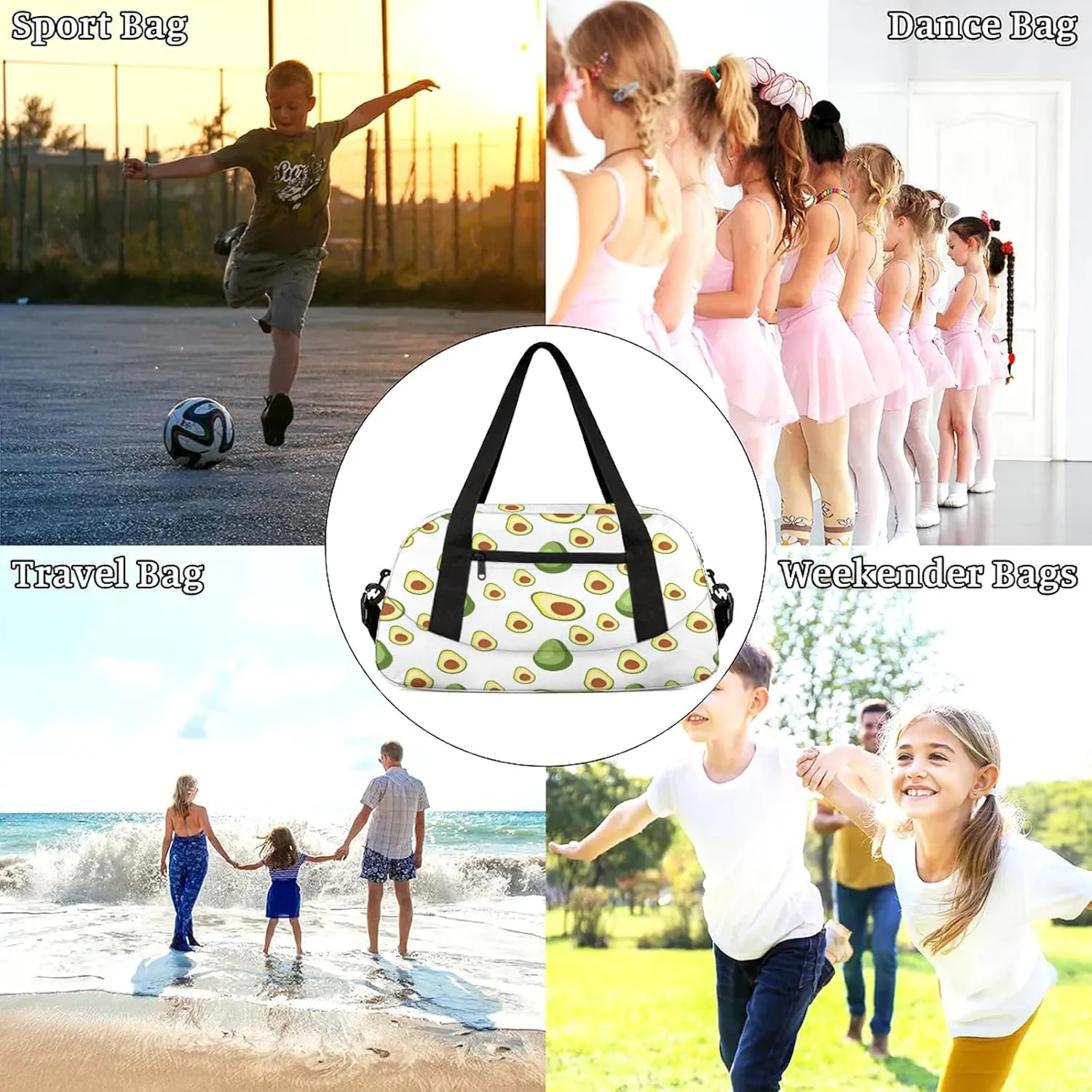 Watercolor Avocado Pattern Kids Duffel Bag Lightweight Waterproof Sports Gym Bag with Front Zipper Pocket Foldable Weekender Overnight Bag for School Practice Gymnastic Ballet