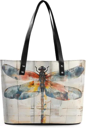 Watercolor Dragonfly Rustic Wood Style Vintage Insect Women Tote Bag PU Leather Handbags Top Handle Bag Fashion Shoulder Purses with Zippered