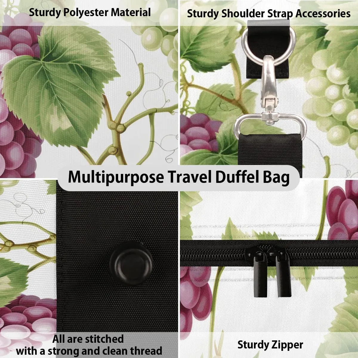 Watercolor Grapes Travel Duffel Bag for Women Men Waterproof Foldable Overnight Weekender Bag Large Capacity Sports Gym Bag