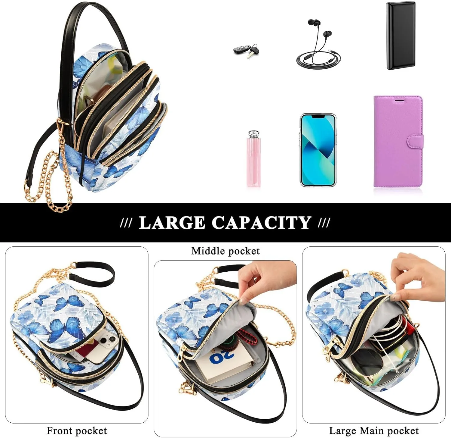 Watercolor Trees in Autumn with River Shoulder Handbag, Trendy Crossbody Purses Removable Strap Crossbody