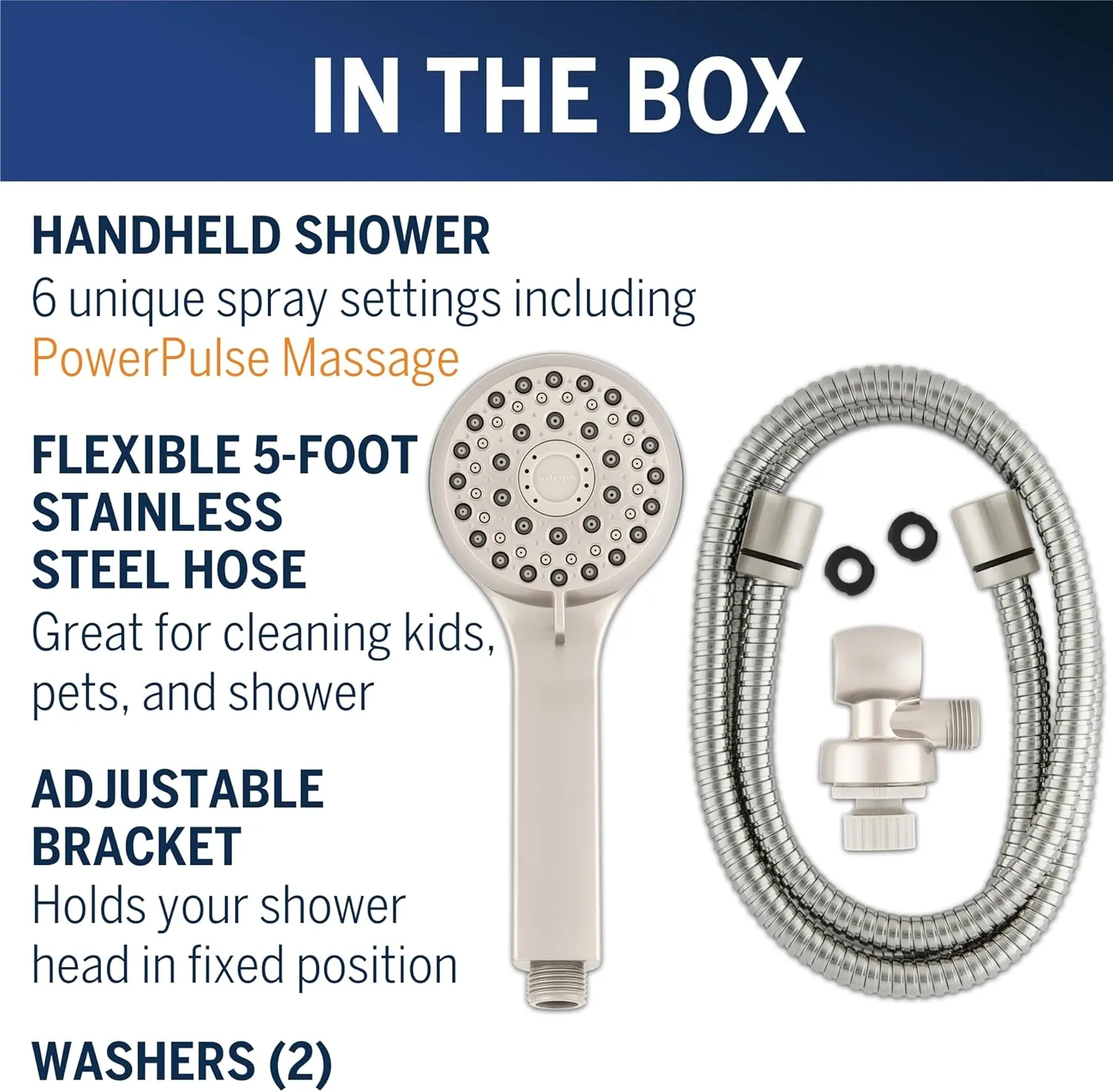 Waterpik High Pressure Hand Held Shower Head With Hose, PowerPulse Massage 6-Mode, Brushed Nickel XAL-649ME