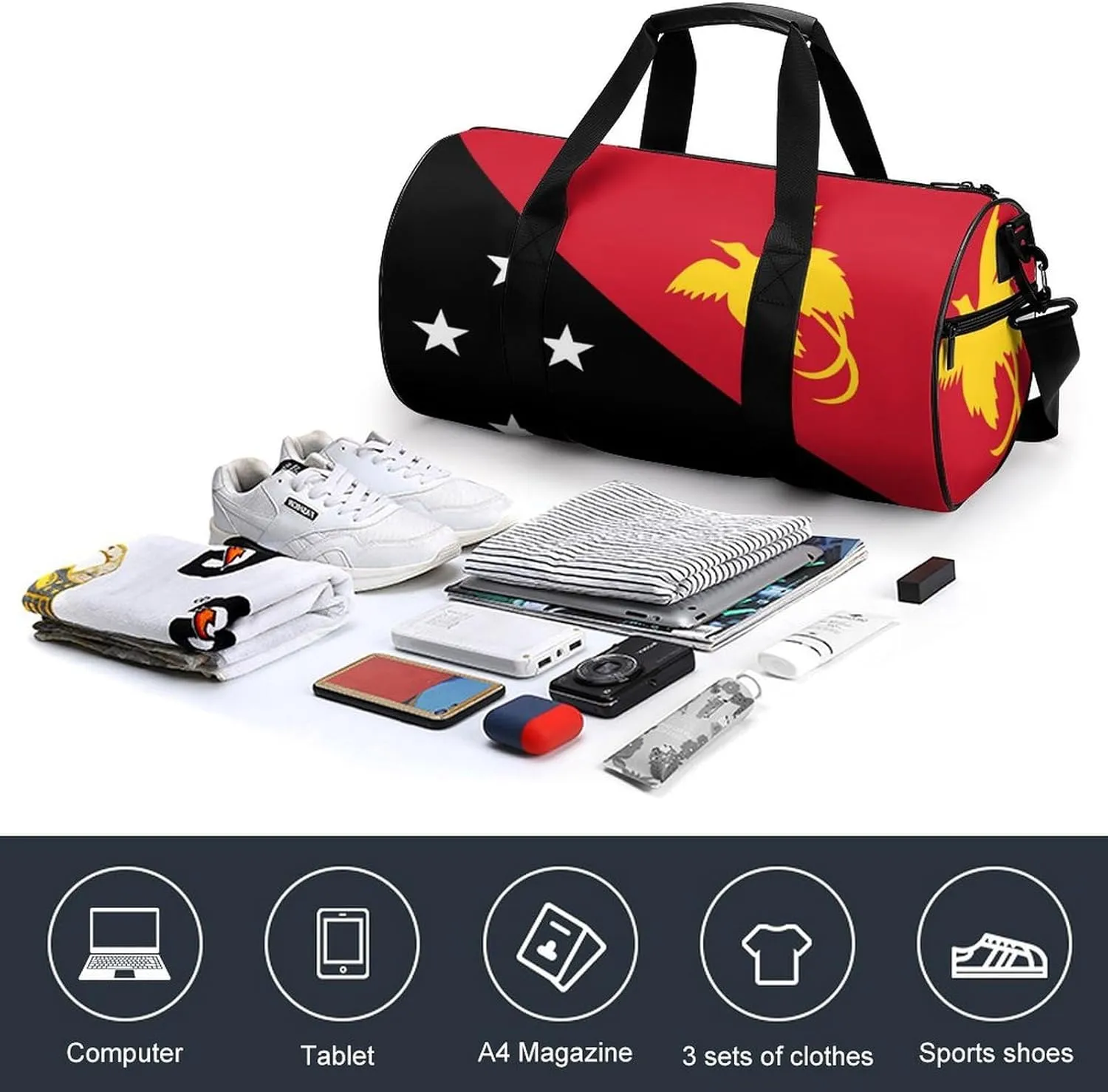 Waterproof Papua New Guinea Flag Gym Bag with Wet Pocket Sports Duffel for Beach Yoga Weekender Travel