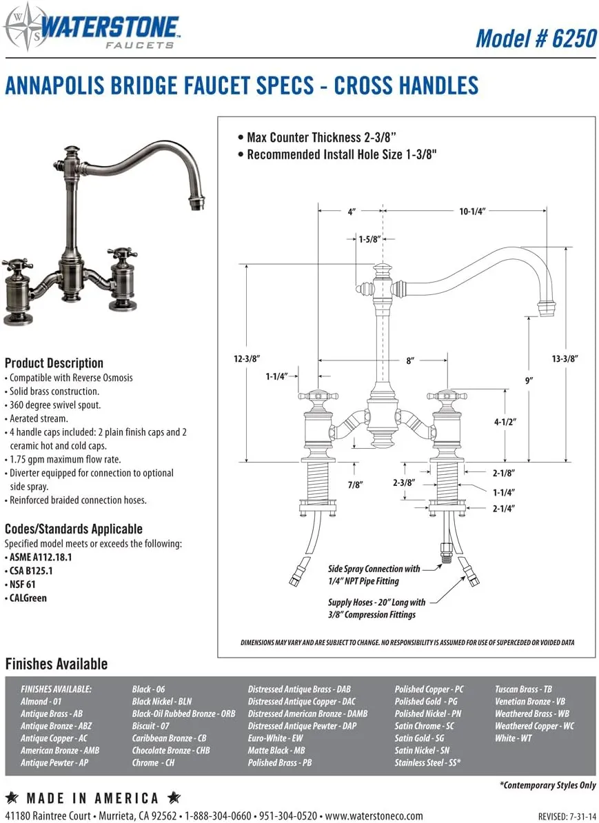 Waterstone 6250-3-DAP Annapolis Bridge Faucet - Cross Handles 3pc. Suite Distressed Antique Pewter