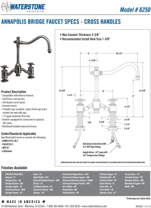 Waterstone 6250-3-DAP Annapolis Bridge Faucet - Cross Handles 3pc. Suite Distressed Antique Pewter