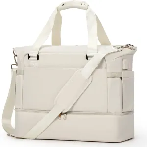 Weekender Bags for Women, Travel Duffel with Shoe Compartment USB Charging, Carry On Gym Duffle Bag with Wet Pocket, Personal Item Overnight Tote Bag for Airlines with Toiletry Bag, Beige