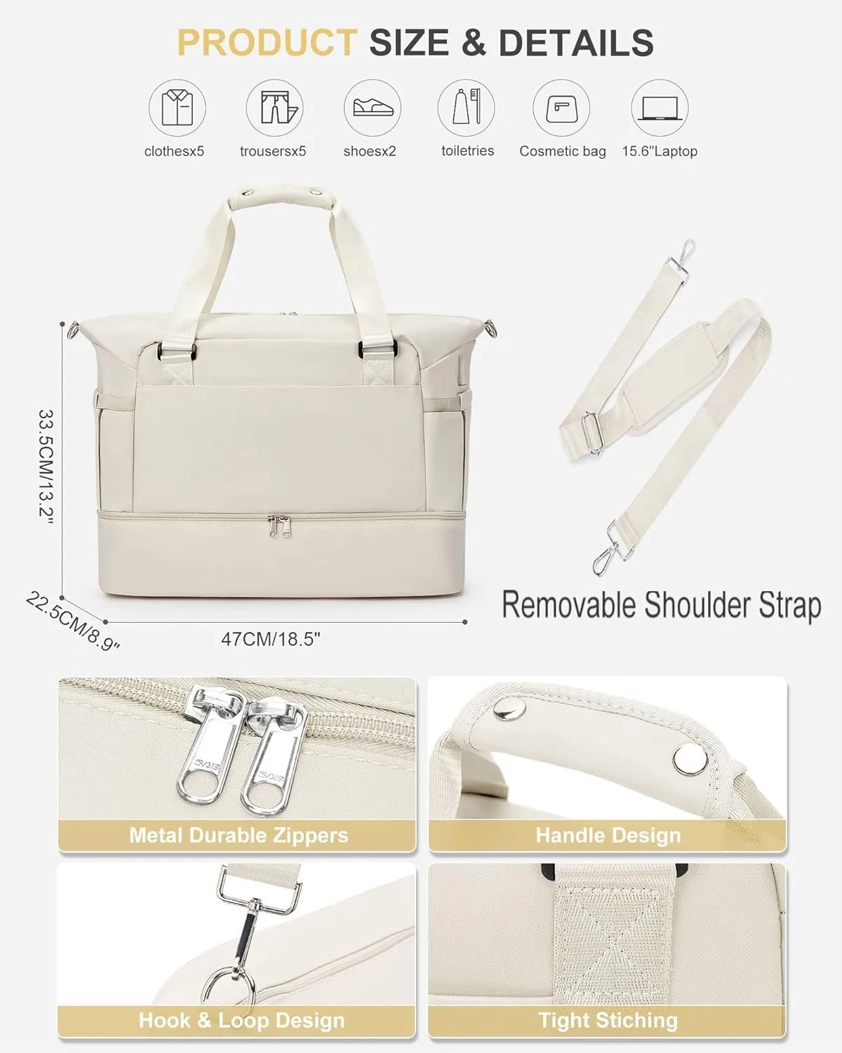 Weekender Bags for Women, Travel Duffel with Shoe Compartment USB Charging, Carry On Gym Duffle Bag with Wet Pocket, Personal Item Overnight Tote Bag for Airlines with Toiletry Bag, Beige
