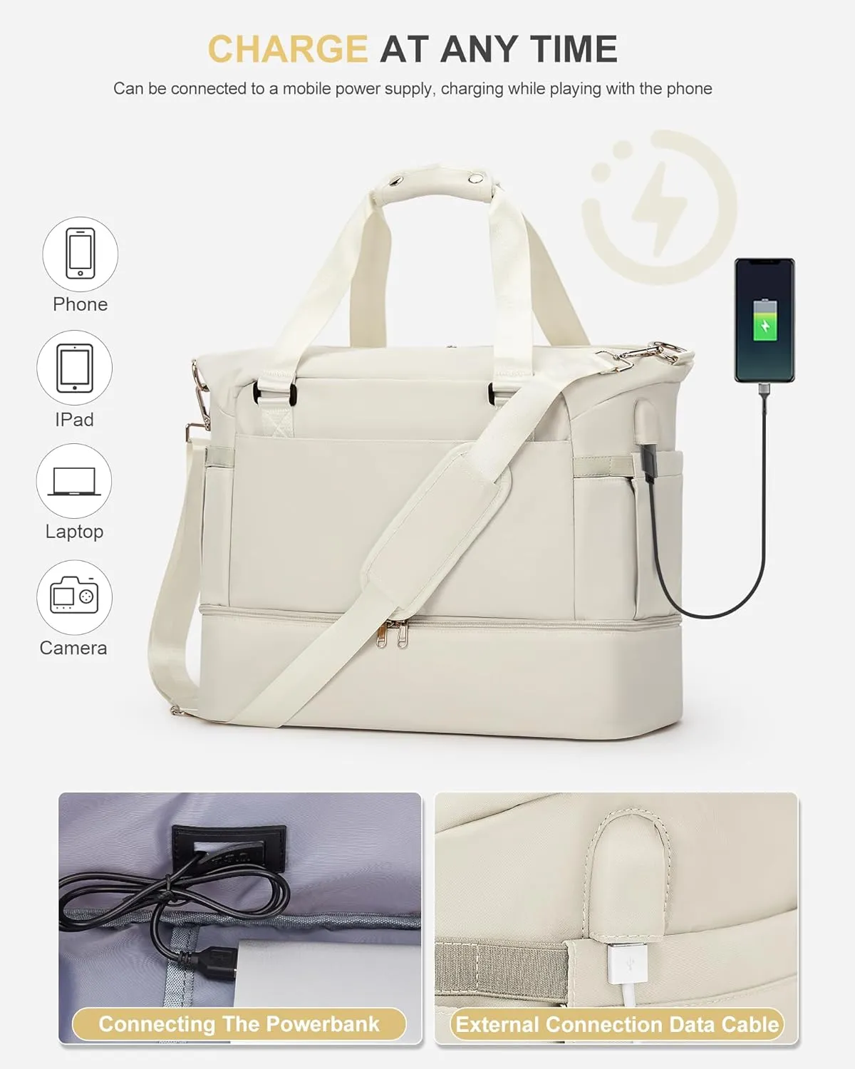 Weekender Bags for Women, Travel Duffel with Shoe Compartment USB Charging, Carry On Gym Duffle Bag with Wet Pocket, Personal Item Overnight Tote Bag for Airlines with Toiletry Bag, Beige