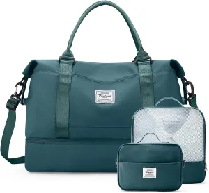 Weekender Bags for Women,Travel Duffle Overnight Bag with Shoe Compartment,Personal Item Carry On Bag,Peacock Blue,Extra Large,3 Pcs Set