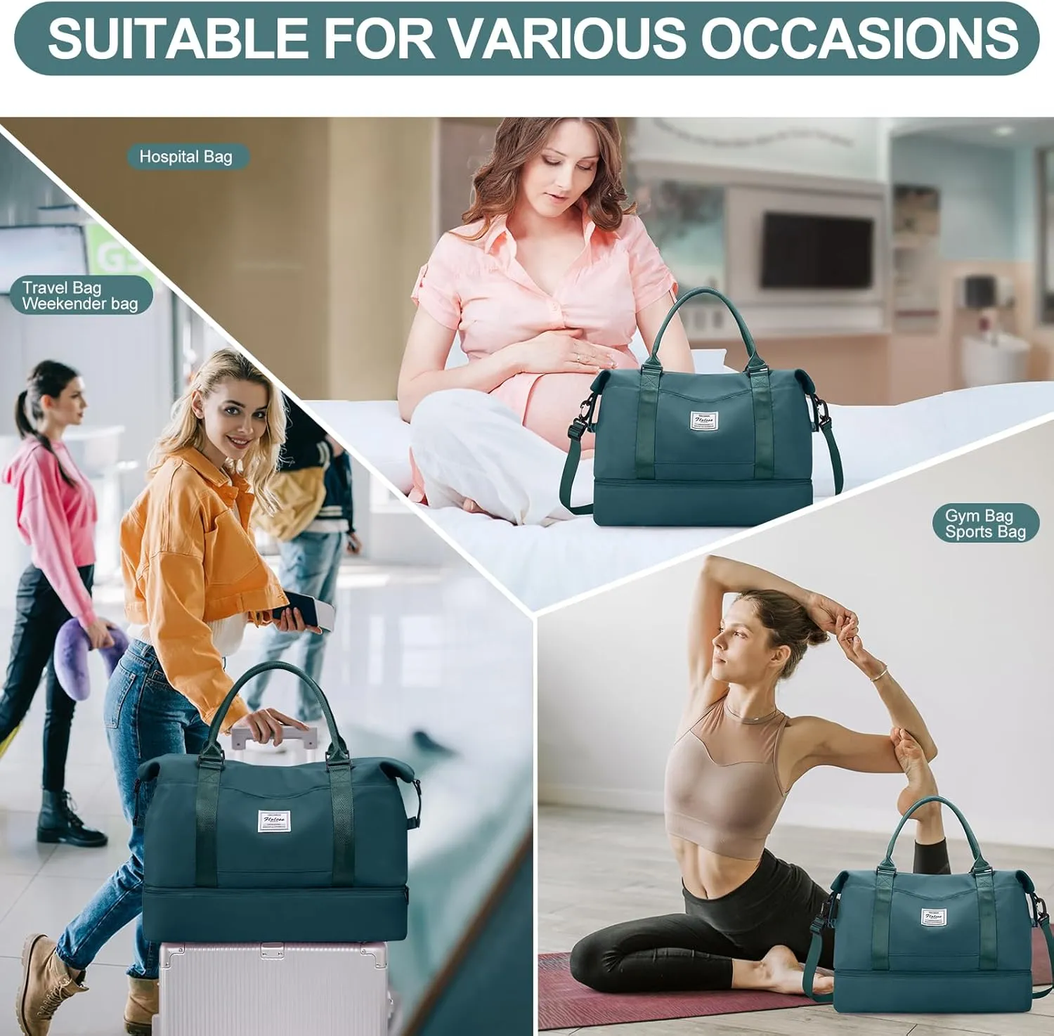 Weekender Bags for Women,Travel Duffle Overnight Bag with Shoe Compartment,Personal Item Carry On Bag,Peacock Blue,Extra Large,3 Pcs Set