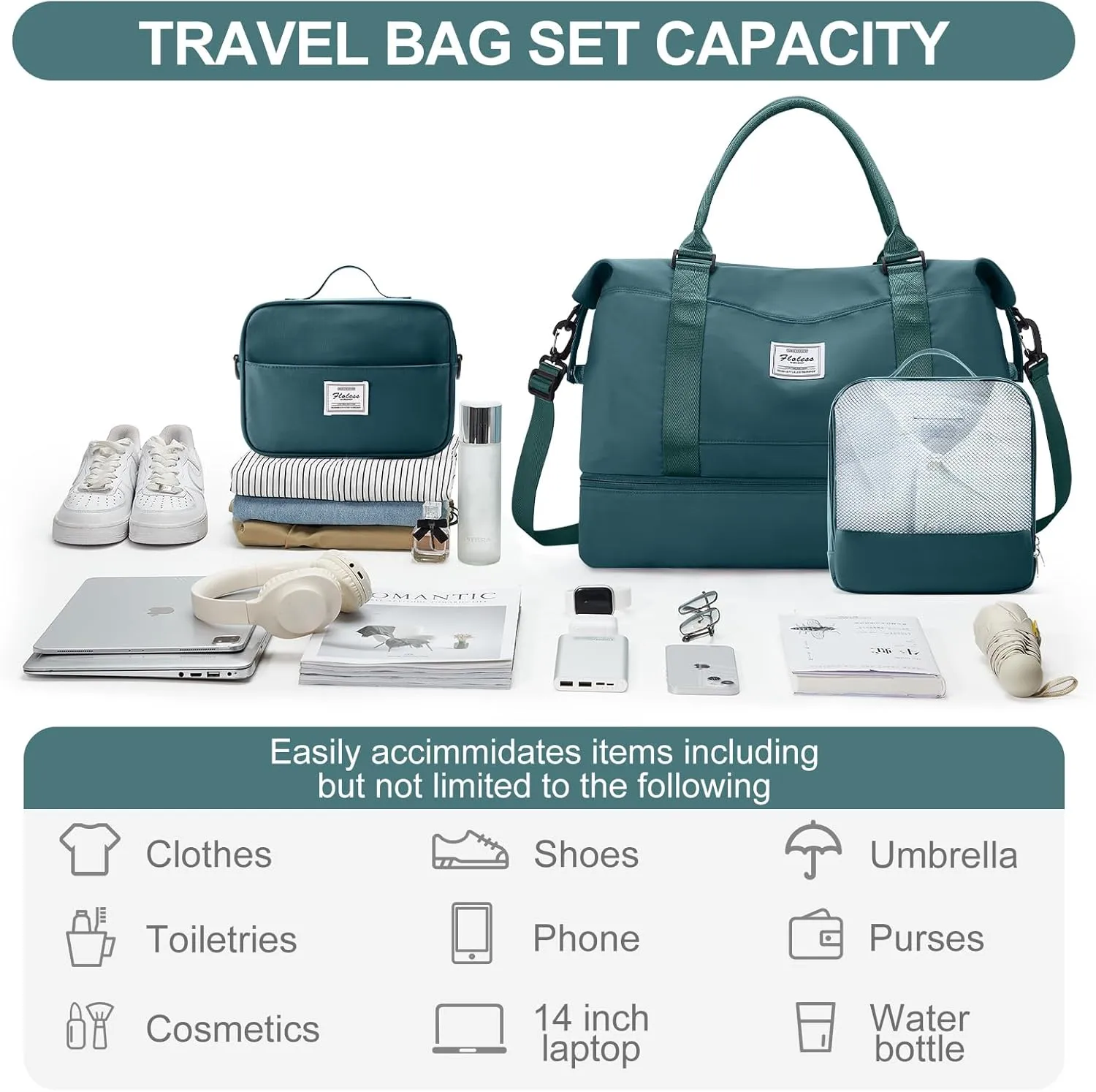 Weekender Bags for Women,Travel Duffle Overnight Bag with Shoe Compartment,Personal Item Carry On Bag,Peacock Blue,Extra Large,3 Pcs Set