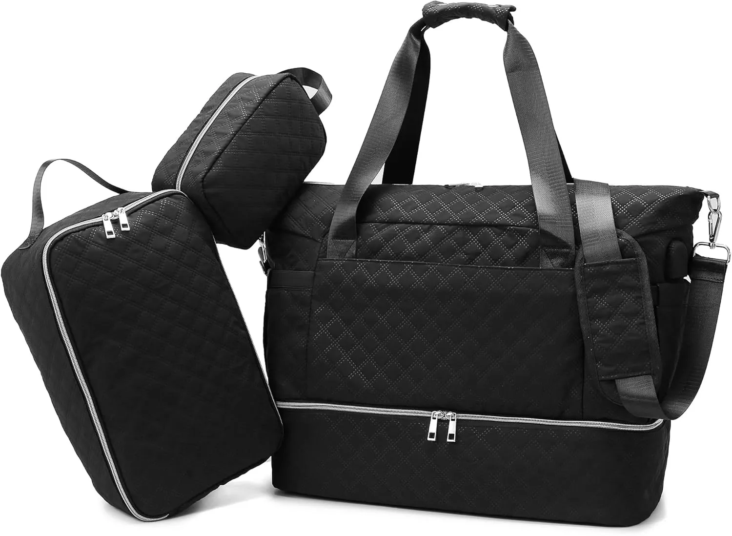 Weekender Overnight Bag, Large Travel Duffle Bags with Shoe Compartment & Wet Pocket & Insulated Cooler Pocket, Carry On Tote Bag Gym Duffel Bag with Toiletry Bags for Hospital 3 Pcs Set (Black)