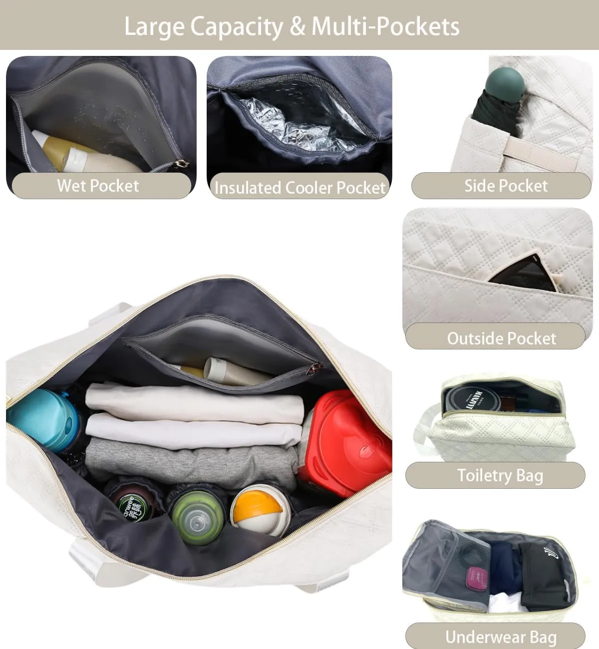 Weekender Overnight Bag, Large Travel Duffle Bags with Shoe Compartment & Wet Pocket & Insulated Cooler Pocket, Carry On Tote Bag Gym Duffel Bag with Toiletry Bags for Hospital 3 Pcs Set (Black)