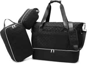 Weekender Overnight Bag, Large Travel Duffle Bags with Shoe Compartment & Wet Pocket & Insulated Cooler Pocket, Carry On Tote Bag Gym Duffel Bag with Toiletry Bags for Hospital 3 Pcs Set (Black)