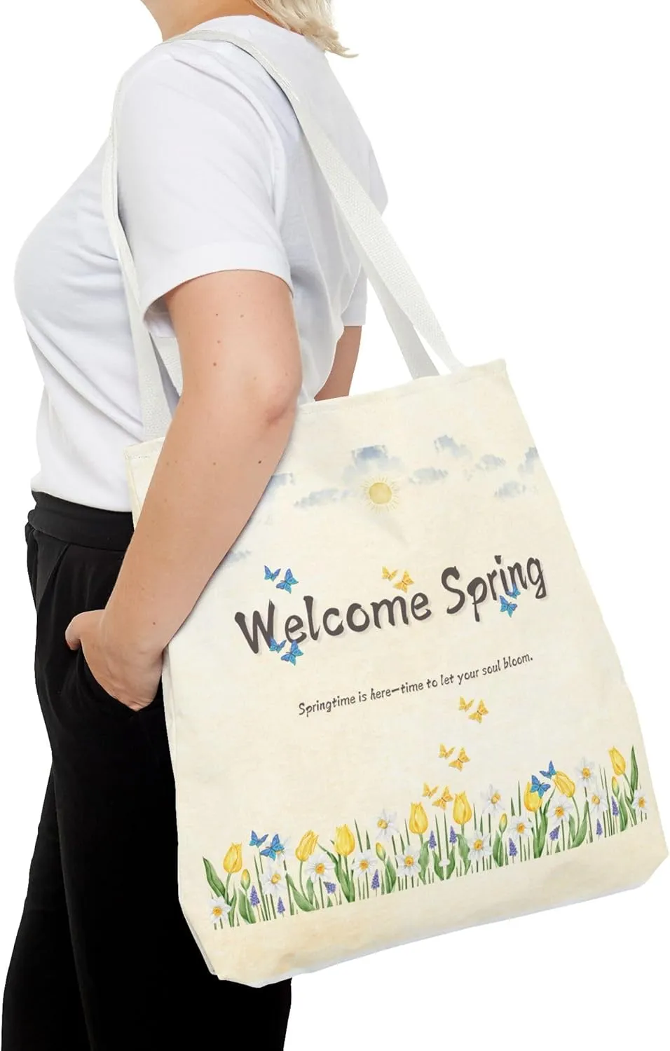 Welcome Spring Tote Bag – Perfect for Spring Outings, Gardening, Picnics, Easter Celebrations, Outdoor Adventures