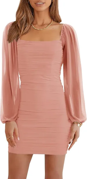 Wenrine Women's Mesh Long Sleeve Square Neck Ruched Party Club Cocktail Bodycon Mini Dress