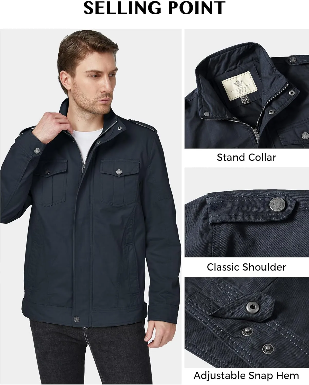 WenVen Men's Casual Washed Cotton Military Jacket