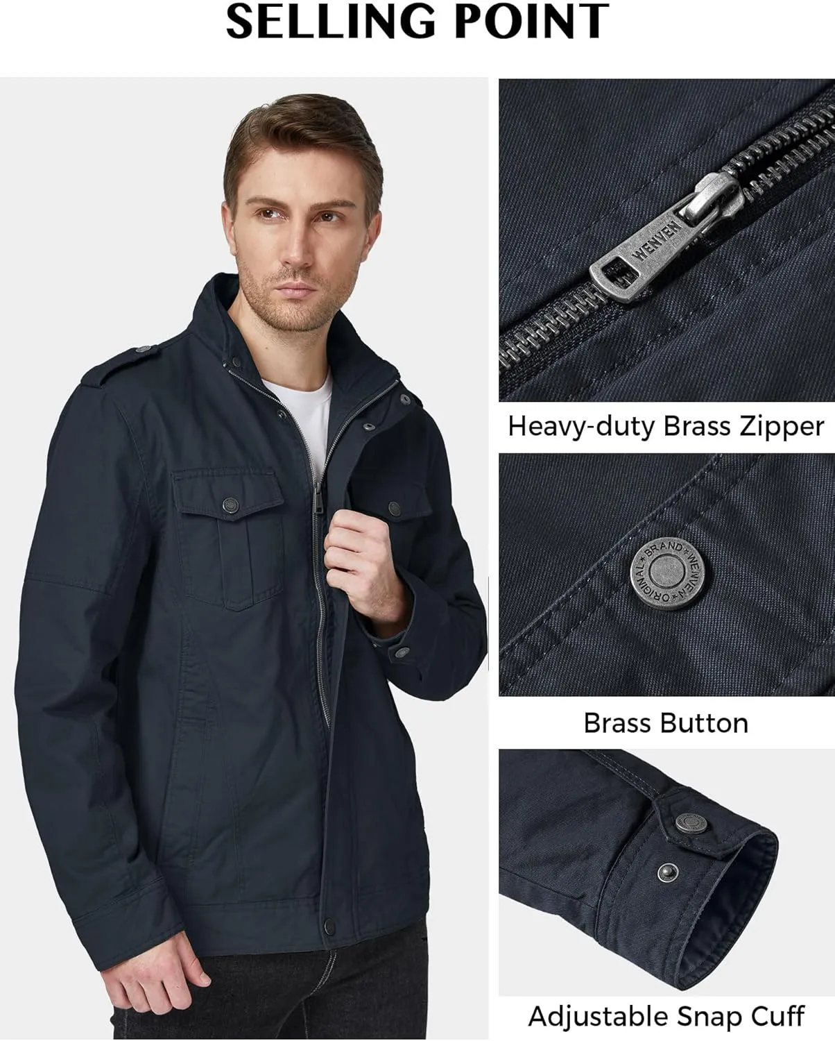 WenVen Men's Casual Washed Cotton Military Jacket
