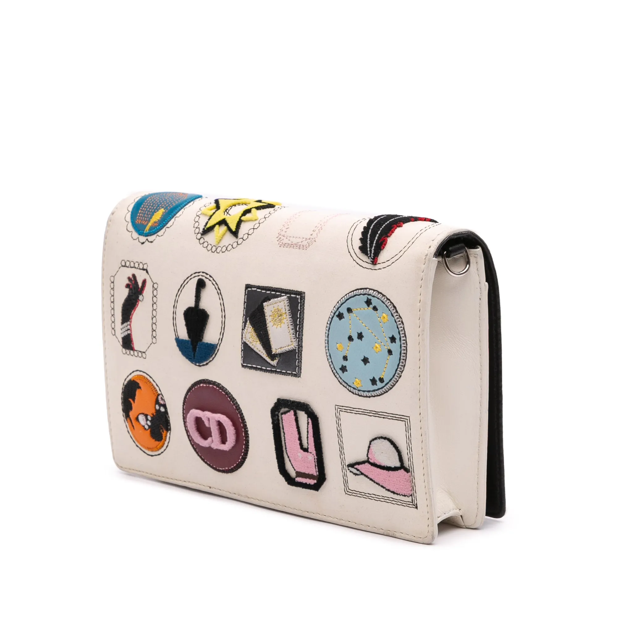 White Dior Leather Patch Embellished Wallet on Chain Crossbody Bag