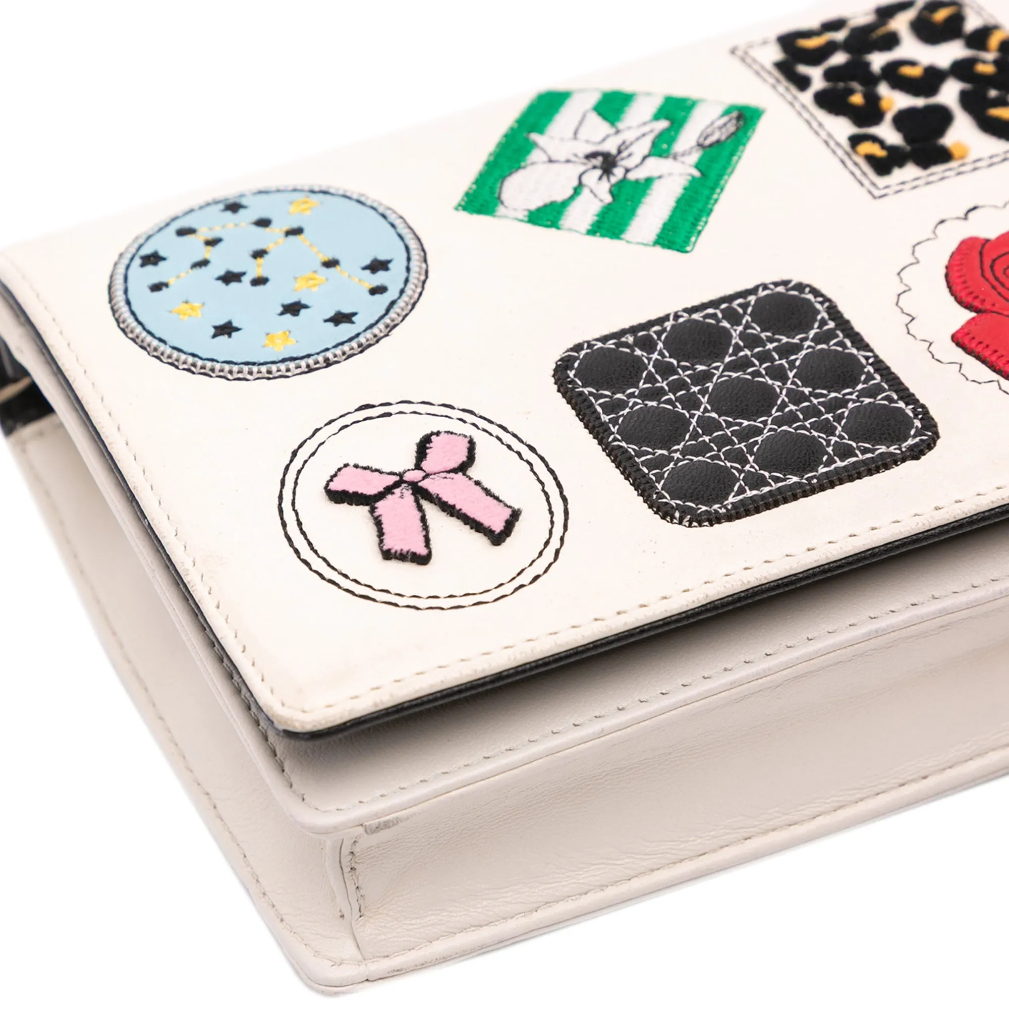 White Dior Leather Patch Embellished Wallet on Chain Crossbody Bag