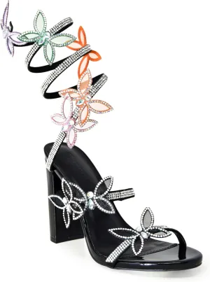 Wild Diva Rainbow Embellished Rhinestone Butterfly Spiral Coil Wrap Around Block Heels-581A-BKPA-6.5, Morris-581A