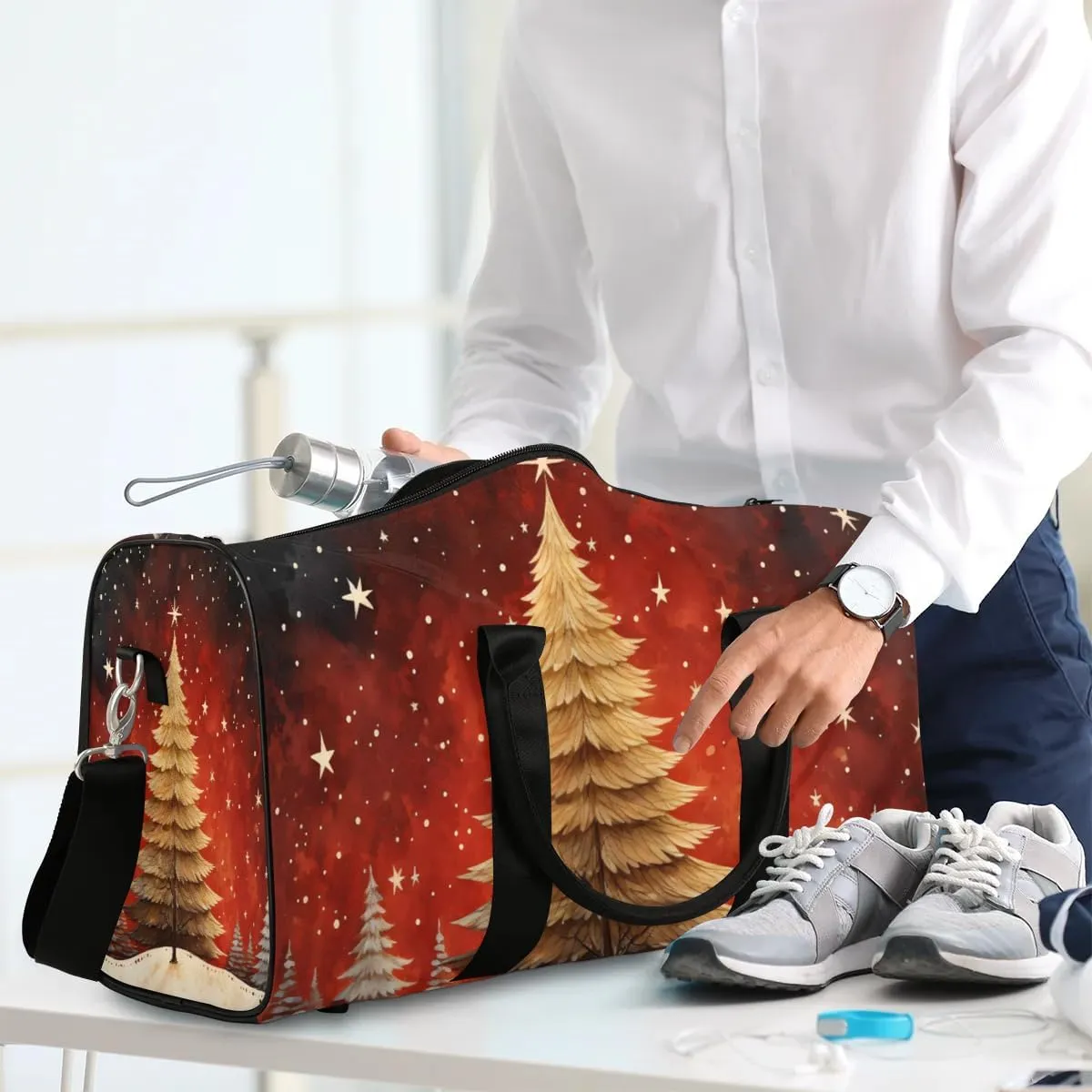 Winter Christmas Tree Travel Duffel Bag for Women Men Waterproof Foldable Overnight Weekender Bag Large Capacity Sports Gym Bag
