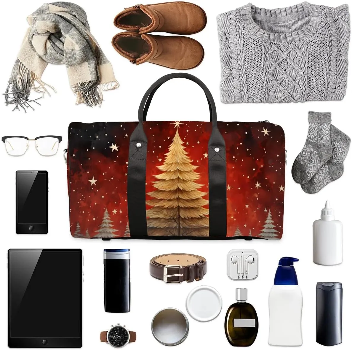 Winter Christmas Tree Travel Duffel Bag for Women Men Waterproof Foldable Overnight Weekender Bag Large Capacity Sports Gym Bag