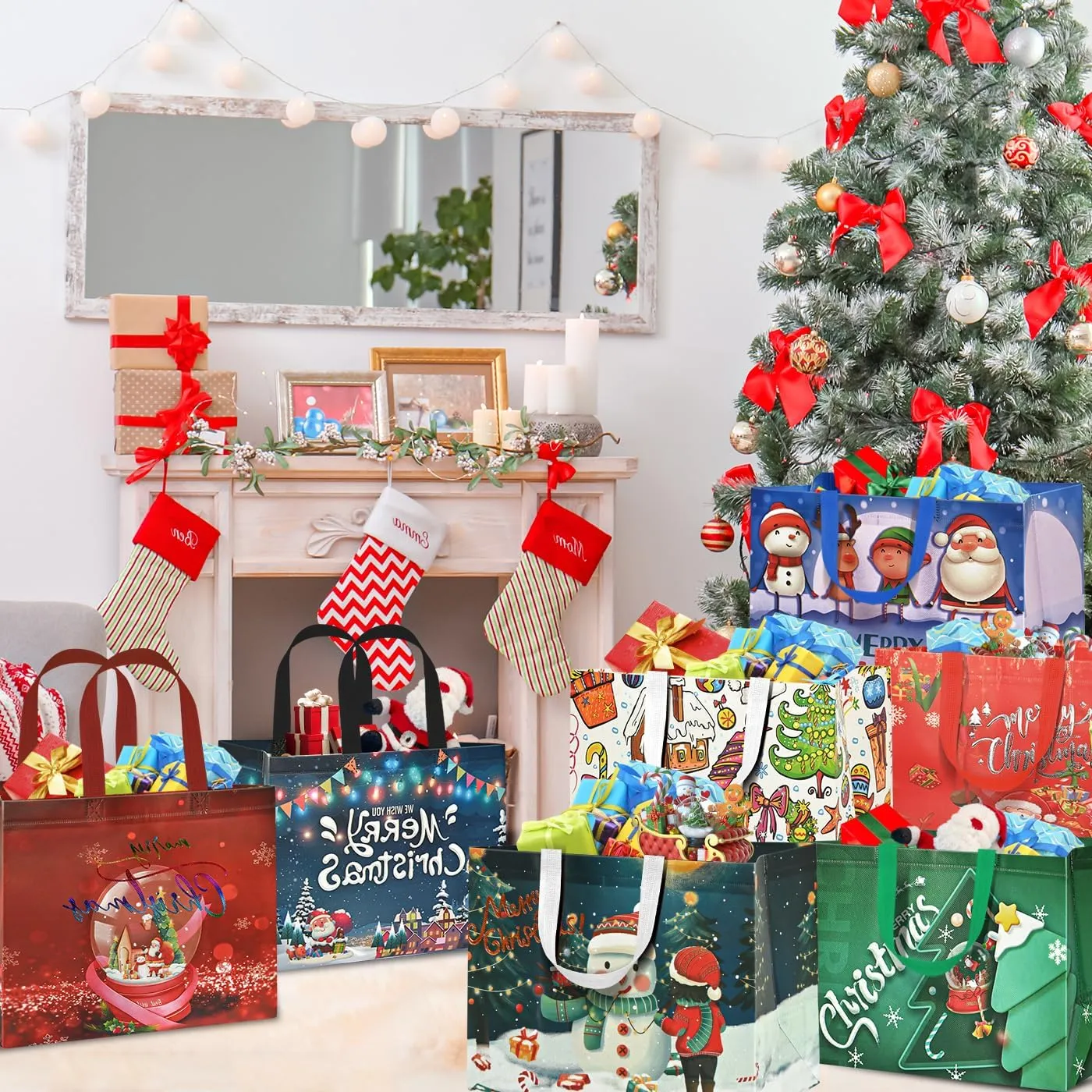 WLUSEAXI 16 Pack Large Christmas Gift Bags,Reusable Christmas Tote Bags with Handles,12.6"x9.8"x6.7" Christmas Bags for Gifts Wrapping,Grocery Shopping,for Xmas Holiday Party Favor