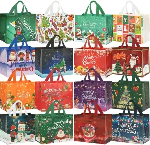 WLUSEAXI 16 Pack Large Christmas Gift Bags,Reusable Christmas Tote Bags with Handles,12.6"x9.8"x6.7" Christmas Bags for Gifts Wrapping,Grocery Shopping,for Xmas Holiday Party Favor