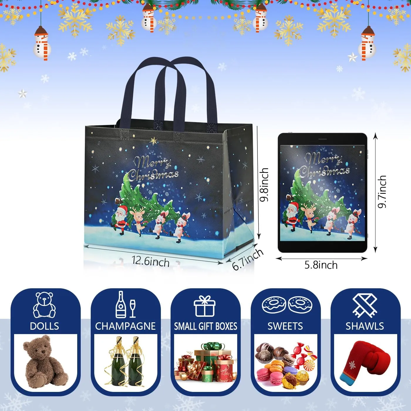 WLUSEAXI 16 Pack Large Christmas Gift Bags,Reusable Christmas Tote Bags with Handles,12.6"x9.8"x6.7" Christmas Bags for Gifts Wrapping,Grocery Shopping,for Xmas Holiday Party Favor