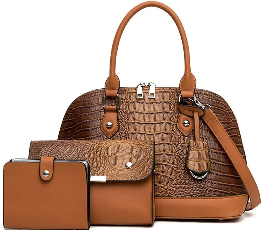 Women Handbags and Purses Set Embossed Crocodile Pattern Faux Leather Dome Satchel Handbag Wallet Shoulder Bags 3Pcs