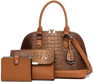 Women Handbags and Purses Set Embossed Crocodile Pattern Faux Leather Dome Satchel Handbag Wallet Shoulder Bags 3Pcs