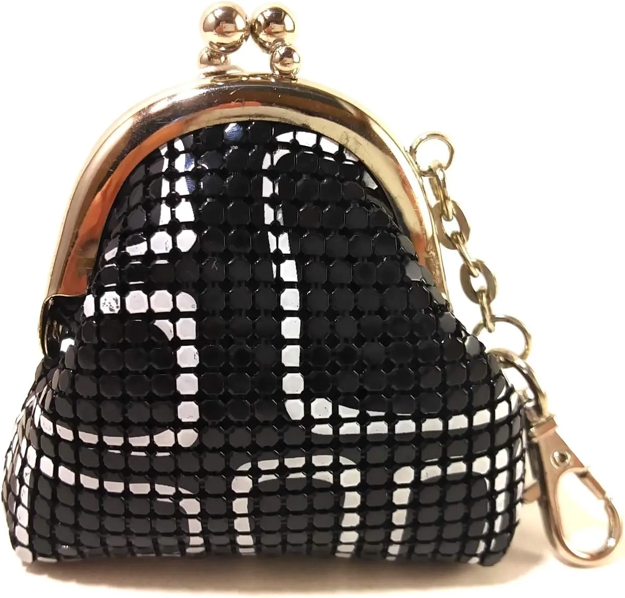 Women Mini Coin Purse Metal Mesh Kiss Lock Clasp Buckle Pouch (Black with White lines)