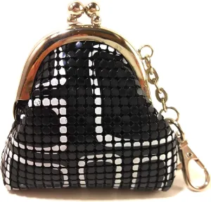 Women Mini Coin Purse Metal Mesh Kiss Lock Clasp Buckle Pouch (Black with White lines)