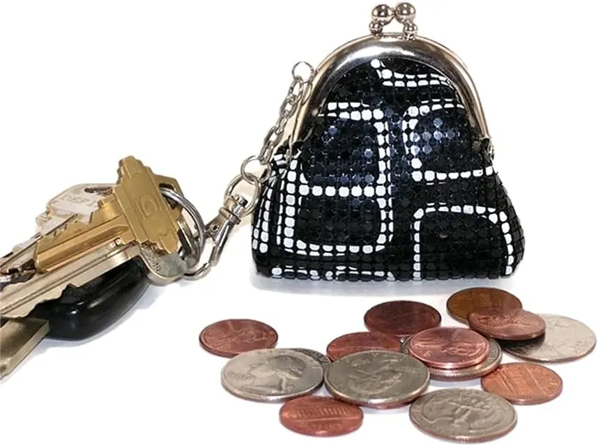 Women Mini Coin Purse Metal Mesh Kiss Lock Clasp Buckle Pouch (Black with White lines)