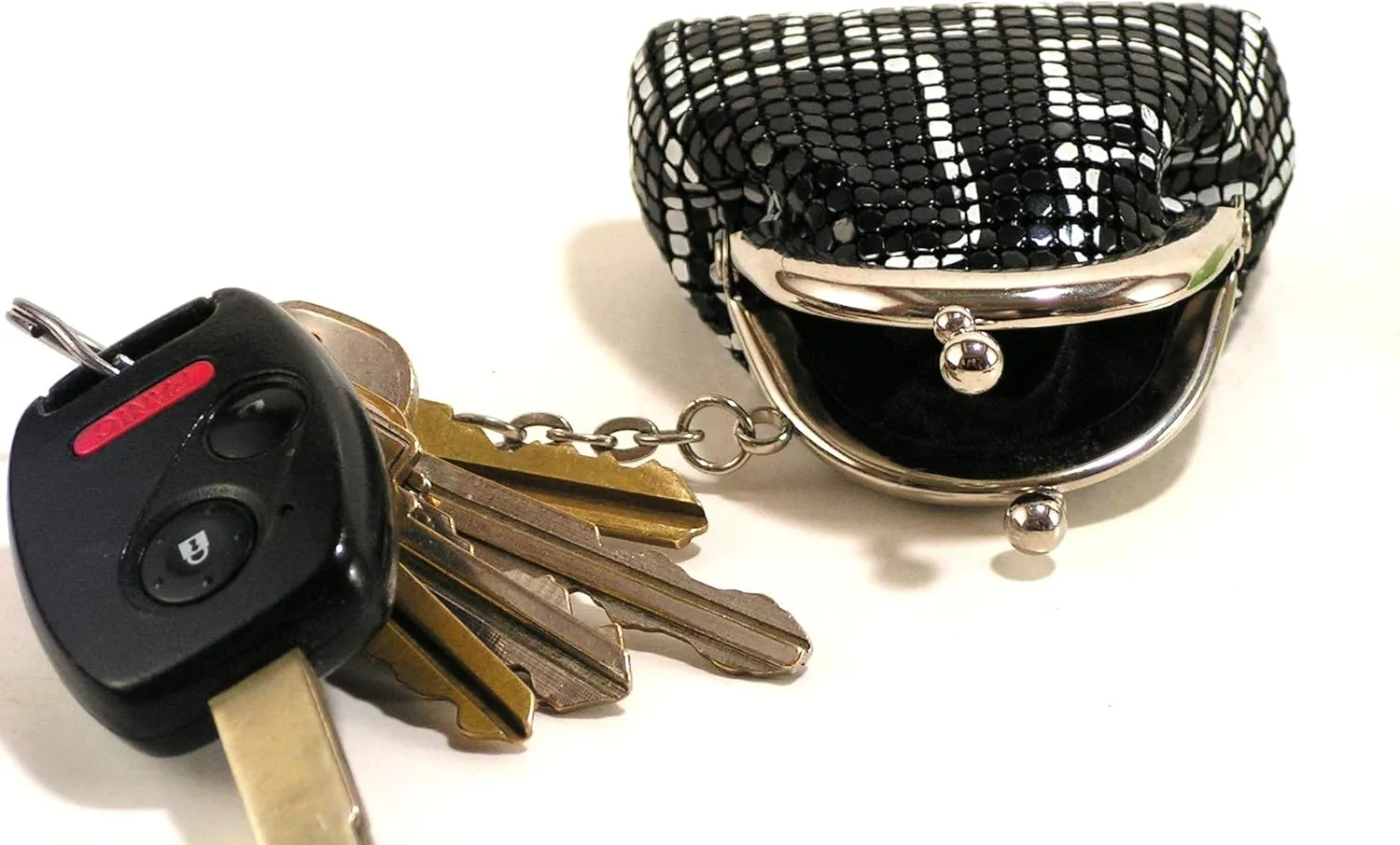 Women Mini Coin Purse Metal Mesh Kiss Lock Clasp Buckle Pouch (Black with White lines)