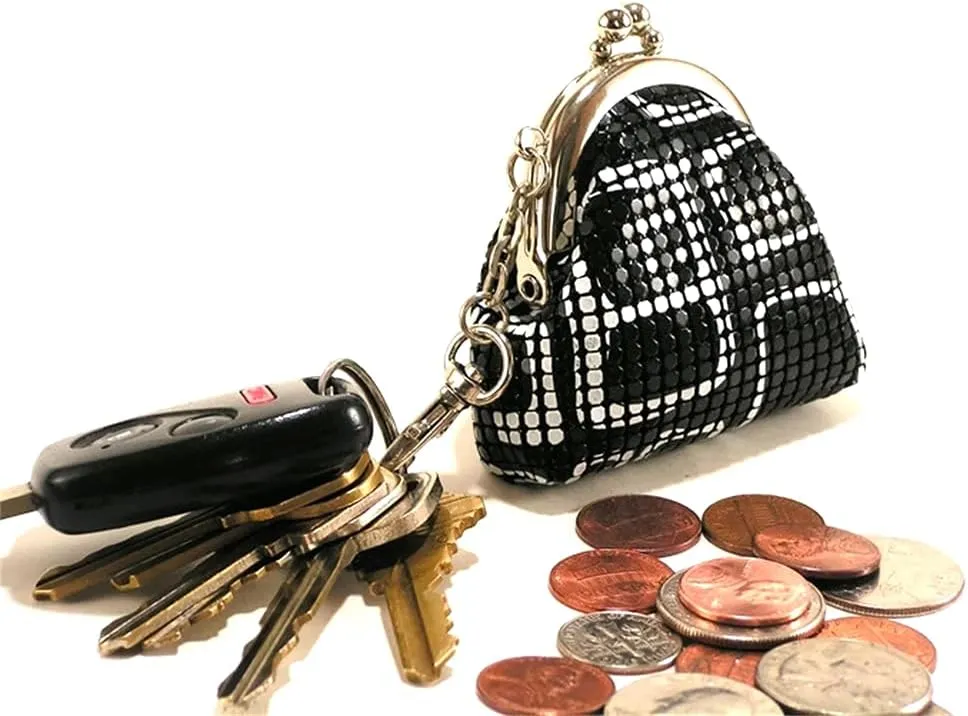 Women Mini Coin Purse Metal Mesh Kiss Lock Clasp Buckle Pouch (Black with White lines)